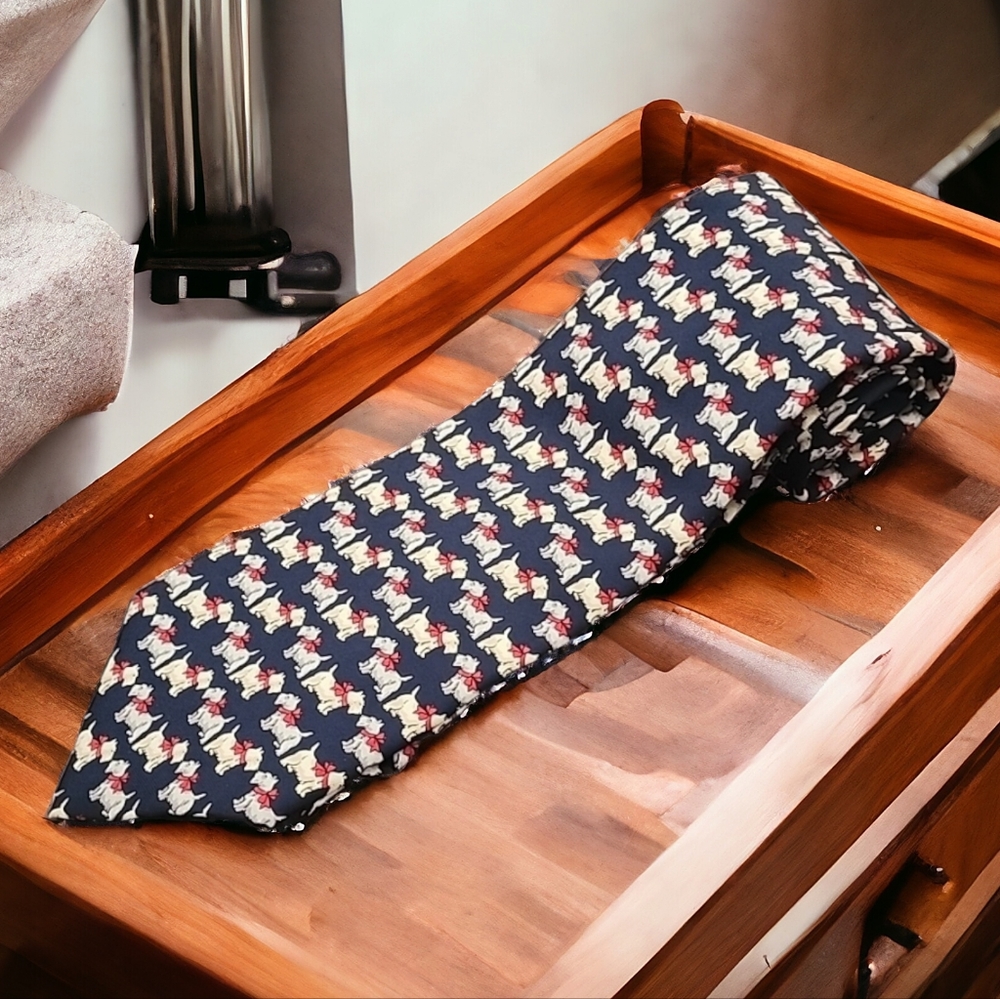 VINTAGE BEAUFORT Silk Dog Print Tie Navy Preppy Mens Necktie Yorkie Terrier - Picture 10 of 11